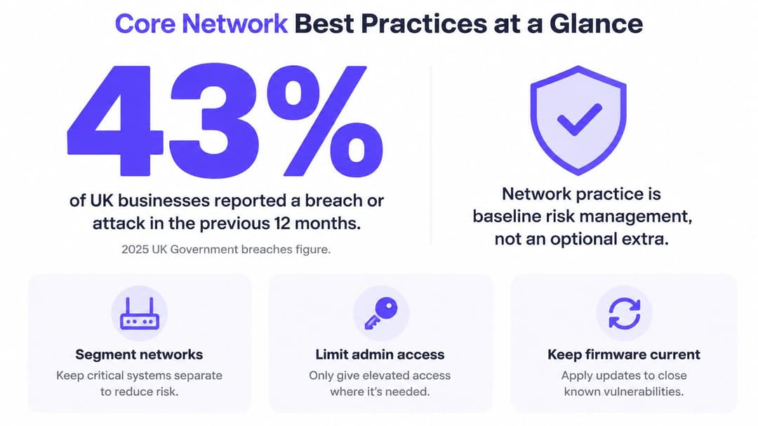 Une infographie intitulée Meilleures pratiques de sécurité réseau présentant des statistiques sur les violations cyber au Royaume-Uni et les étapes de sécurité recommandées.