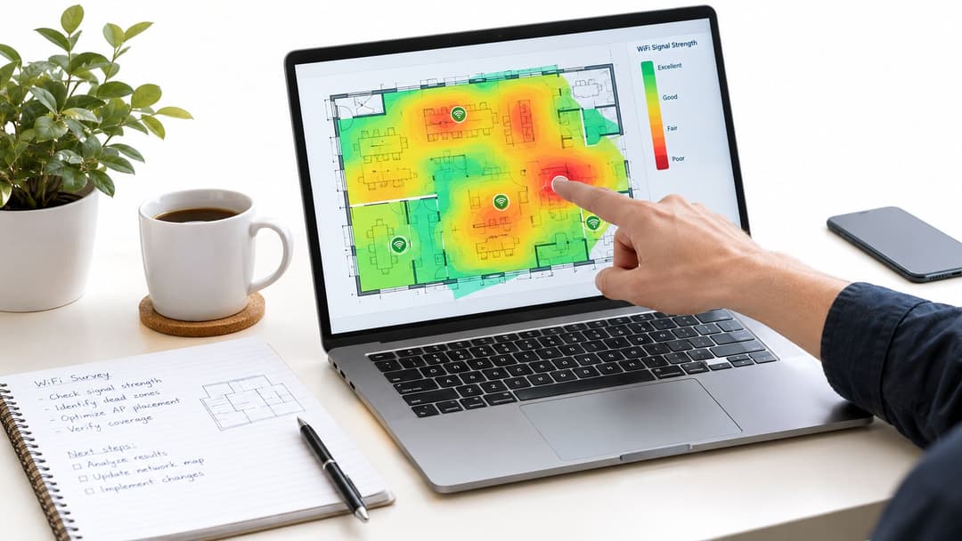 A professional analyzing a digital office WiFi coverage heatmap on a laptop screen at a desk.
