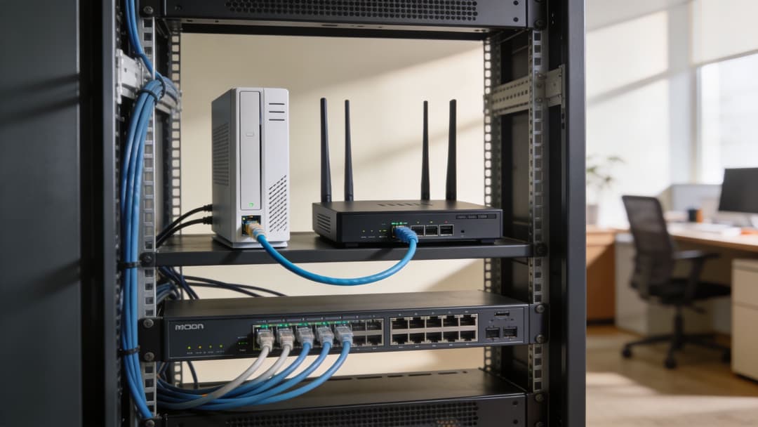 A server rack in an office containing a white modem, a black router, and a network switch.