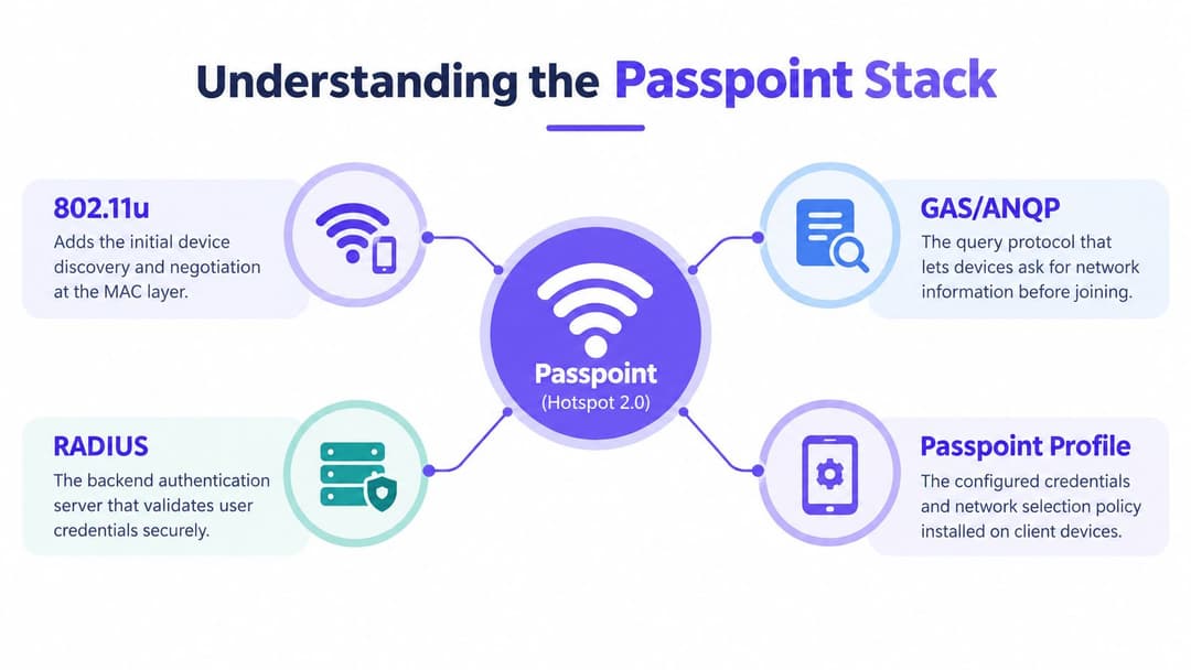 Passpoint WiFi स्टॅक स्पष्ट करणारा आकृती, ज्यामध्ये 802.11u, GAS/ANQP, RADIUS, आणि Passpoint Profile घटकांचा समावेश आहे.