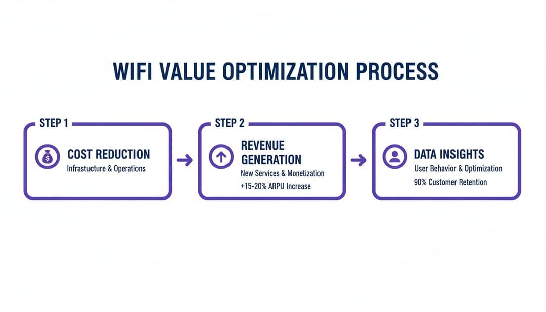 Flowchart illustrating the WiFi Value Optimization Process with steps for cost reduction, revenue generation, and data insights.