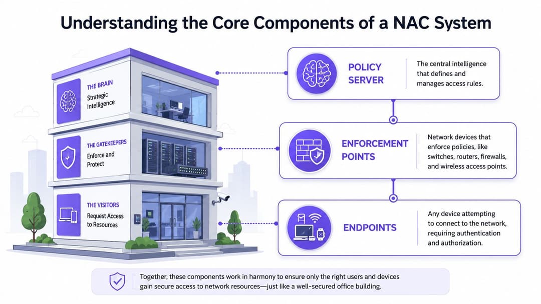 An infographic showing the three core components of a Network Access Control system: policy server, enforcement points, and endpoints.