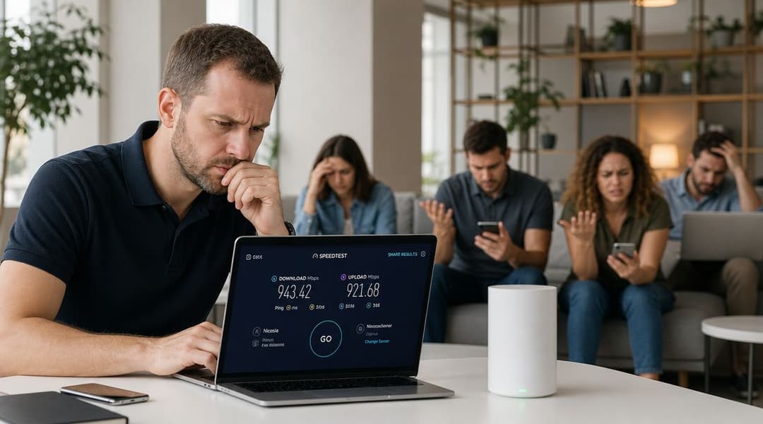 Un hombre con aspecto estresado mientras comprueba los resultados de la velocidad de internet en su portátil junto a compañeros de oficina frustrados.