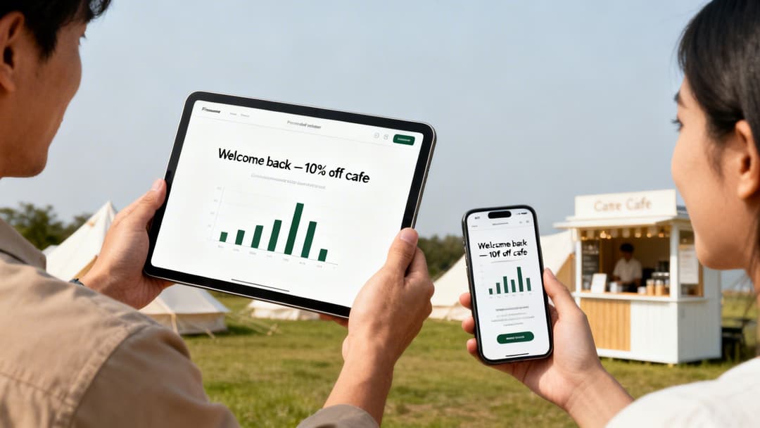 Two people outdoors, one viewing a tablet and another a smartphone displaying a cafe discount and a bar graph.