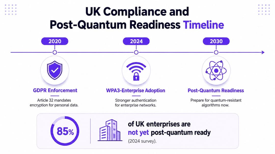 UK च्या अनुपालन टप्पे आणि पोस्ट-क्वांटम सज्जतेची त्वरित गरज दर्शवणारा टाइमलाइन चार्ट
