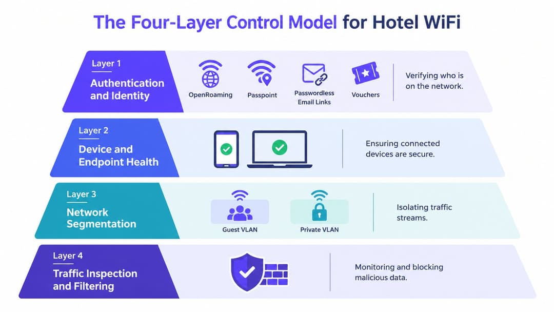 हॉटेल WiFi नेटवर्क्ससाठी ऑथेंटिकेशनपासून ट्रॅफिक फिल्टरिंगपर्यंतच्या सुरक्षा नियंत्रणांचे स्पष्टीकरण देणारा चार-स्तरी पिरामिड आकृती.