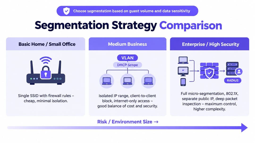 A comparison chart showing three network segmentation strategies based on environment size and security requirements.