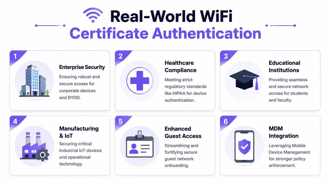 An infographic illustrating six real-world use cases for WiFi certificate authentication across various industries and applications.