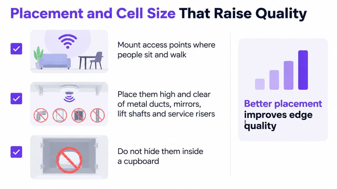 An infographic illustrating tips for optimal Wi-Fi access point placement to improve network signal and coverage quality.