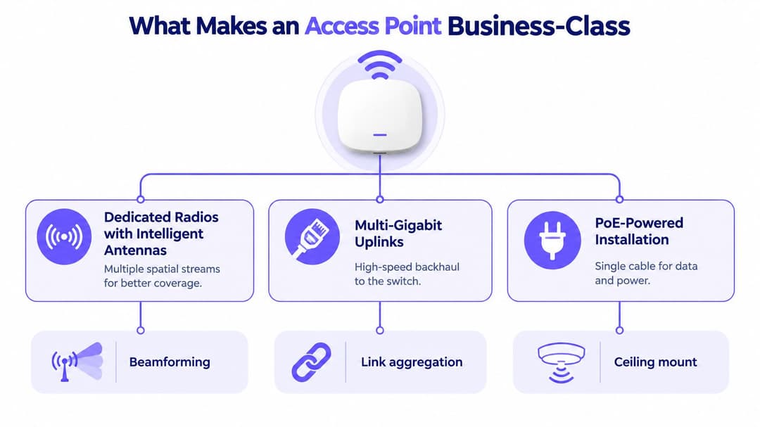 A diagram illustrating the key features that make a WiFi access point business-class, including intelligent antennas and PoE.