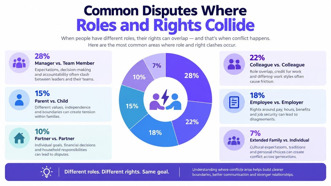 A chart showing common interpersonal conflicts between various roles like manager, colleague, partner, and family.