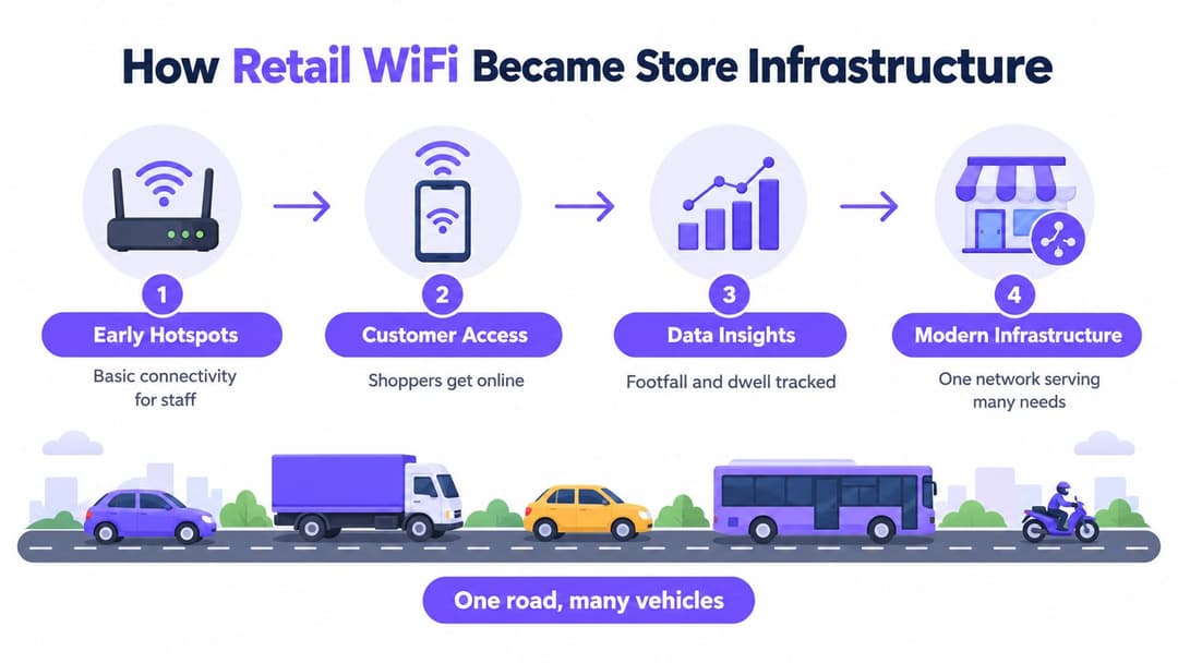 Um infográfico mostrando a evolução do WiFi para varejo, de hotspots simples a sistemas modernos e integrados de infraestrutura de loja.