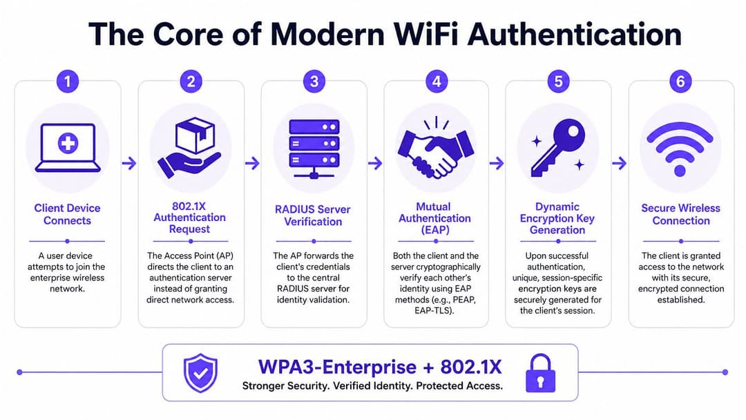 Una infografía de seis pasos que explica el proceso de la autenticación WiFi empresarial moderna utilizando los protocolos 802.1X y WPA3.