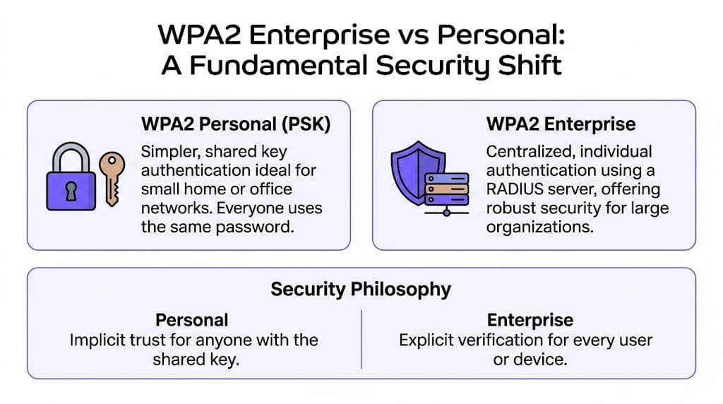 A comparison chart explaining the differences between WPA2 Personal and Enterprise security modes for wireless networks.