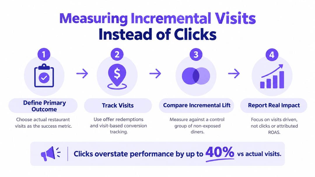 An infographic illustrating four steps to measure restaurant visits instead of clicks to track marketing performance effectively.