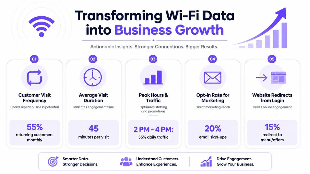 Eine Infografik, die veranschaulicht, wie die Umwandlung von geschäftlichen WiFi Daten in umsetzbare Erkenntnisse das Wachstum und die Kundenbindung fördern kann.