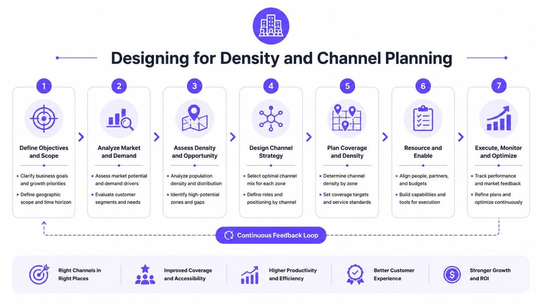 A seven-step strategic framework illustration for effective density planning and channel optimization in a business context.
