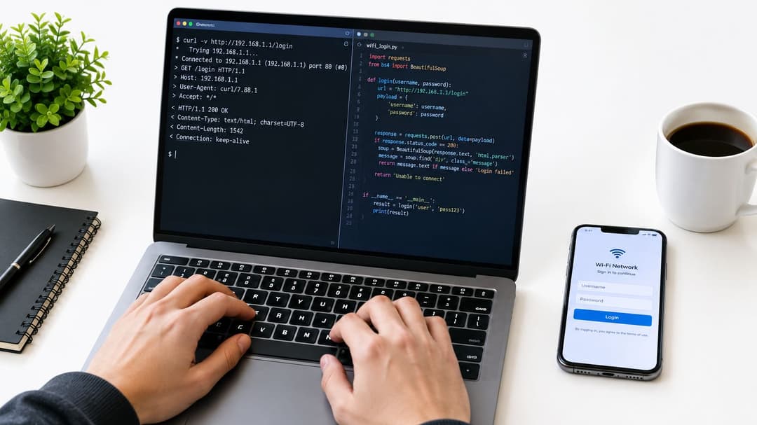 Eine Person codiert ein automatisiertes Login-Skript für ein WiFi Captive Portal auf ihrem Laptop.