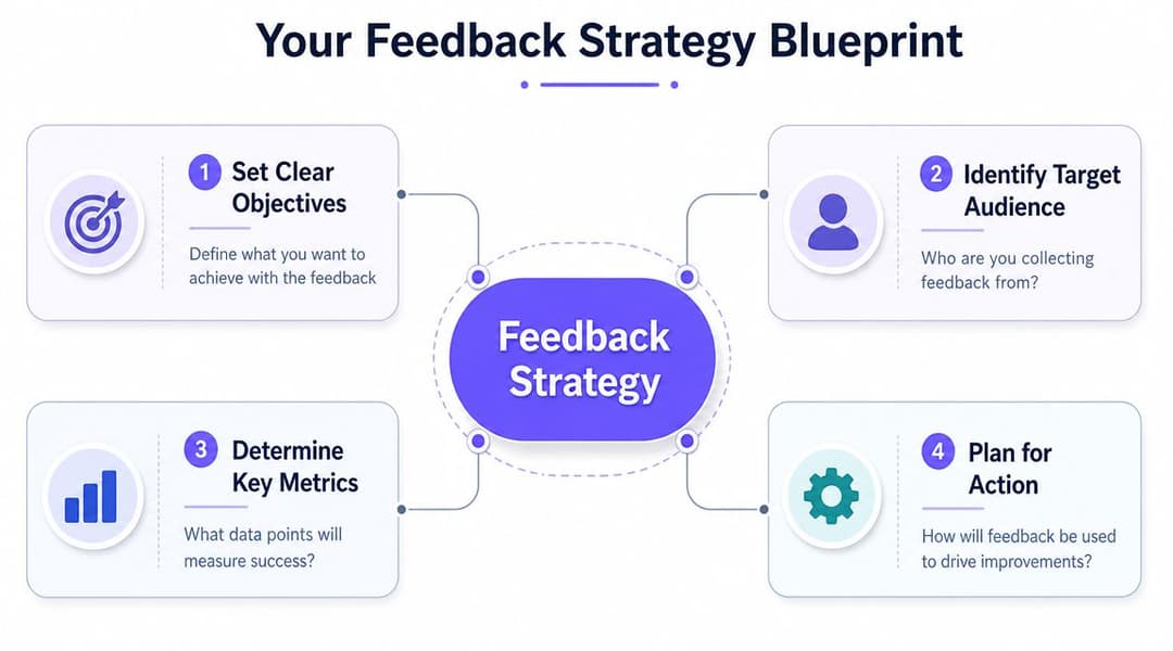 Una infografía titulada Feedback Strategy Blueprint que muestra cuatro pasos esenciales para una recopilación y análisis eficaces de comentarios.