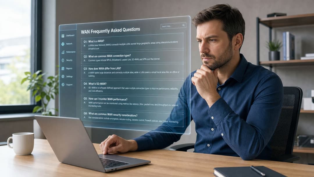 A professional man at a desk views a holographic display featuring a WAN FAQ technical interface.