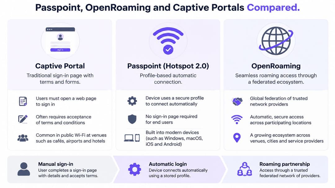 Un tableau comparatif expliquant les différences entre les technologies WiFi de Captive Portal, Passpoint Hotspot 2.0 et OpenRoaming.