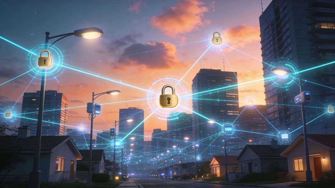 A conceptual digital illustration of an urban smart city grid with glowing padlock symbols connected by data networks.