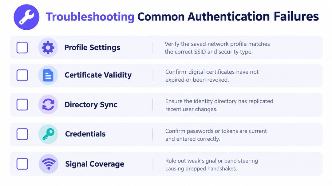 A troubleshooting checklist infographic for common wireless network authentication failures, including profile settings, certificates, and credentials.