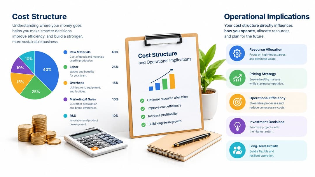 An infographic showing a cost structure pie chart, a clipboard with notes, and a list of operational implications.