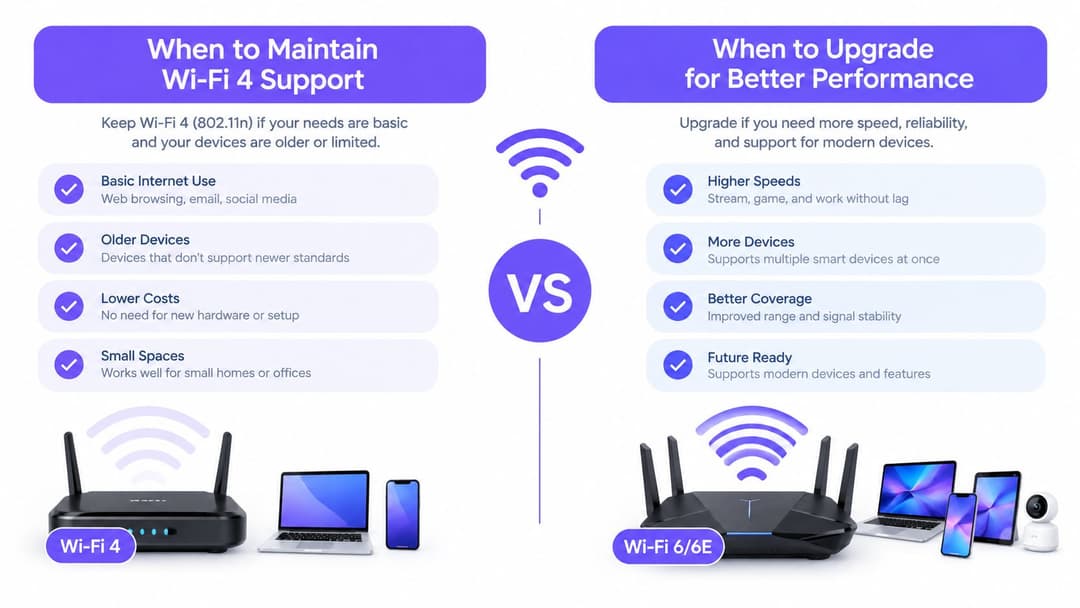 Ein Vergleichsdiagramm, das zeigt, wann man WiFi 4 weiter nutzen sollte und wann ein Upgrade auf WiFi 6 oder 6E ratsam ist.