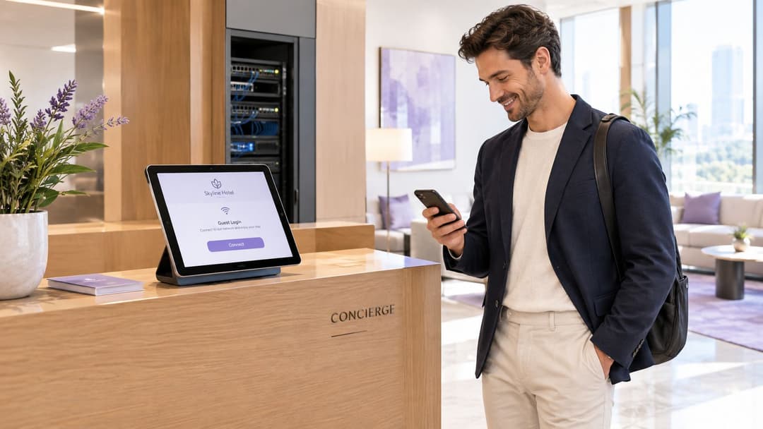 Un uomo sorride al suo smartphone mentre si trova al banco concierge dell'hotel con un tablet per la registrazione al WiFi ospiti.