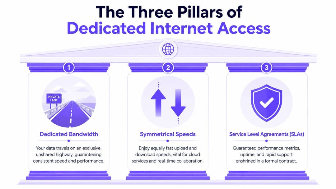 Un'infografica che mostra i tre pilastri del Dedicated Internet Access: banda dedicata, velocità simmetriche e accordi sul livello del servizio.