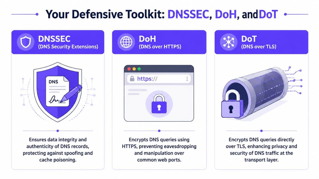 A visual guide explaining DNSSEC, DoH, and DoT as methods to improve network and DNS security.