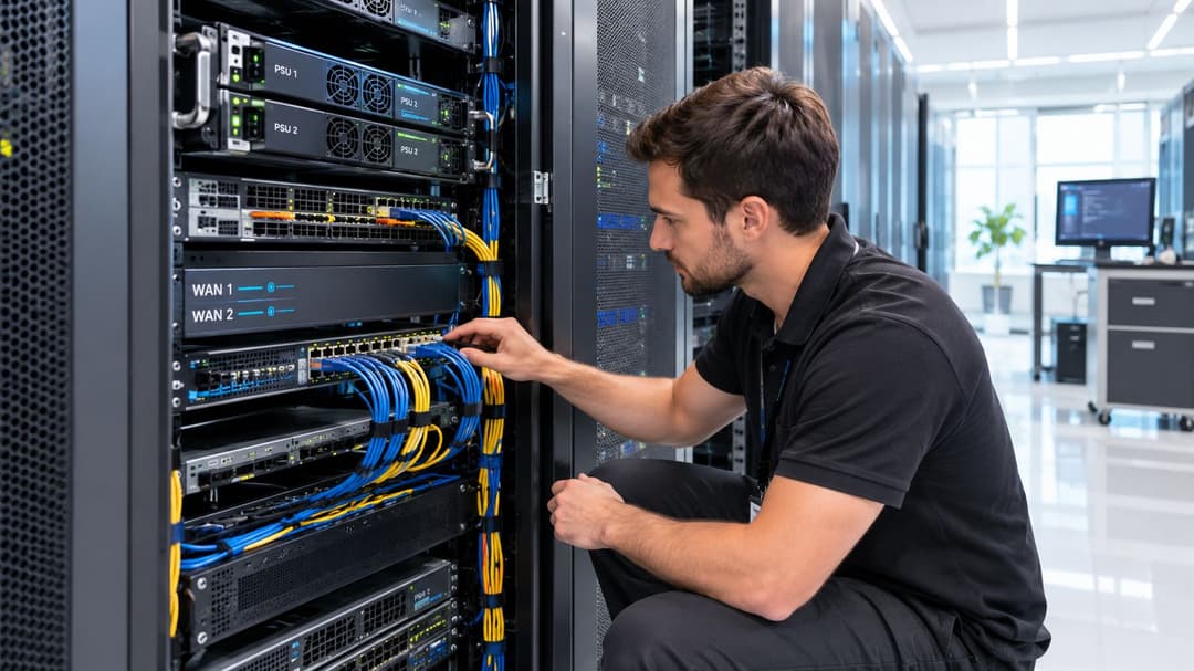 Un technicien professionnel gère soigneusement le câblage réseau dans un rack de serveurs de centre de données pour la maintenance du système.