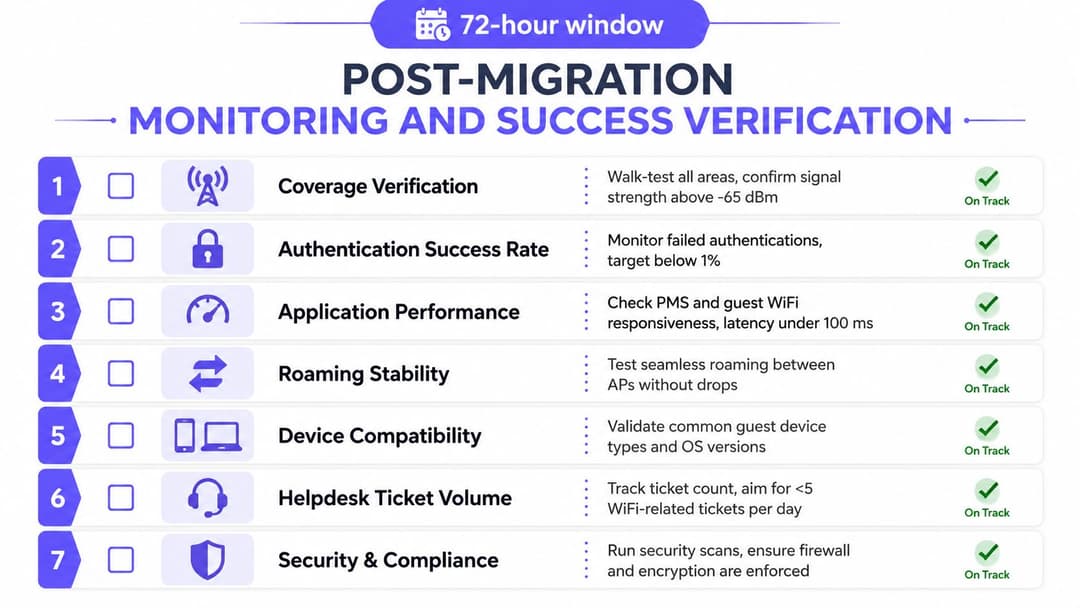 A checklist for post-migration network monitoring and success verification during a 72-hour window, showing seven successful criteria.