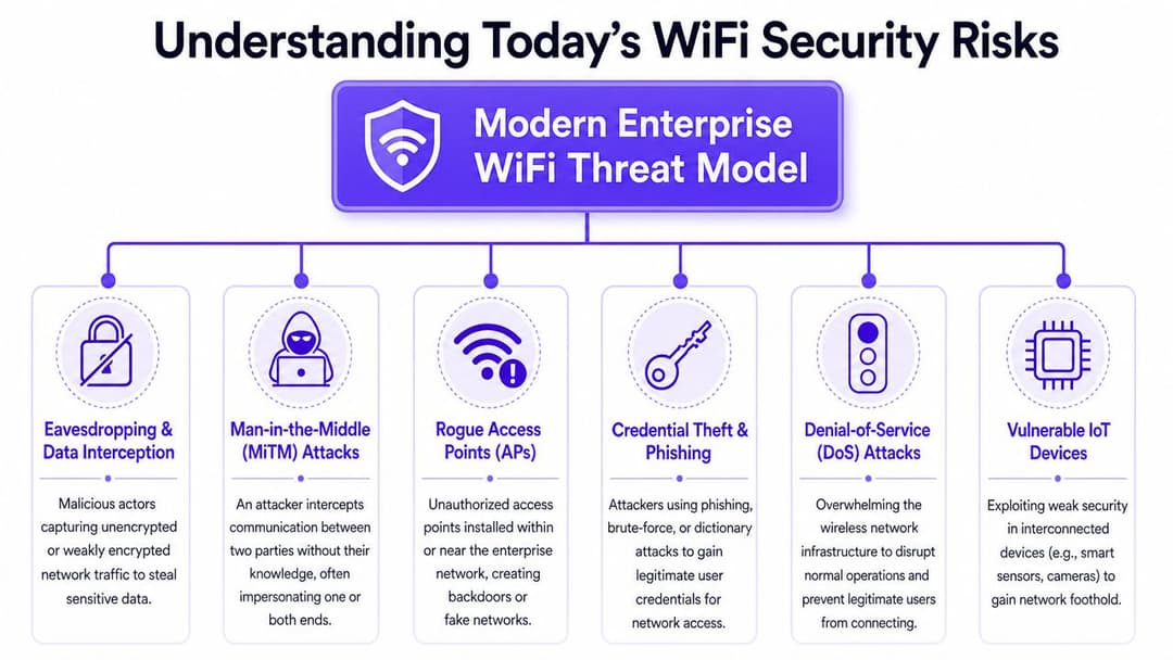 Un diagrama que ilustra las amenazas comunes de seguridad WiFi empresarial modernas, incluidas las escuchas secretas, los ataques MiTM, los AP no autorizados y las vulnerabilidades de IoT.
