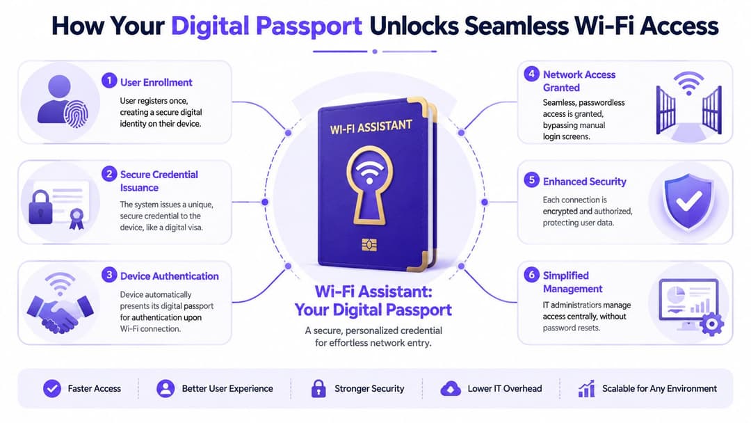 一張說明數位護照如何簡化安全 WiFi 網路存取之六個步驟的資訊圖表。