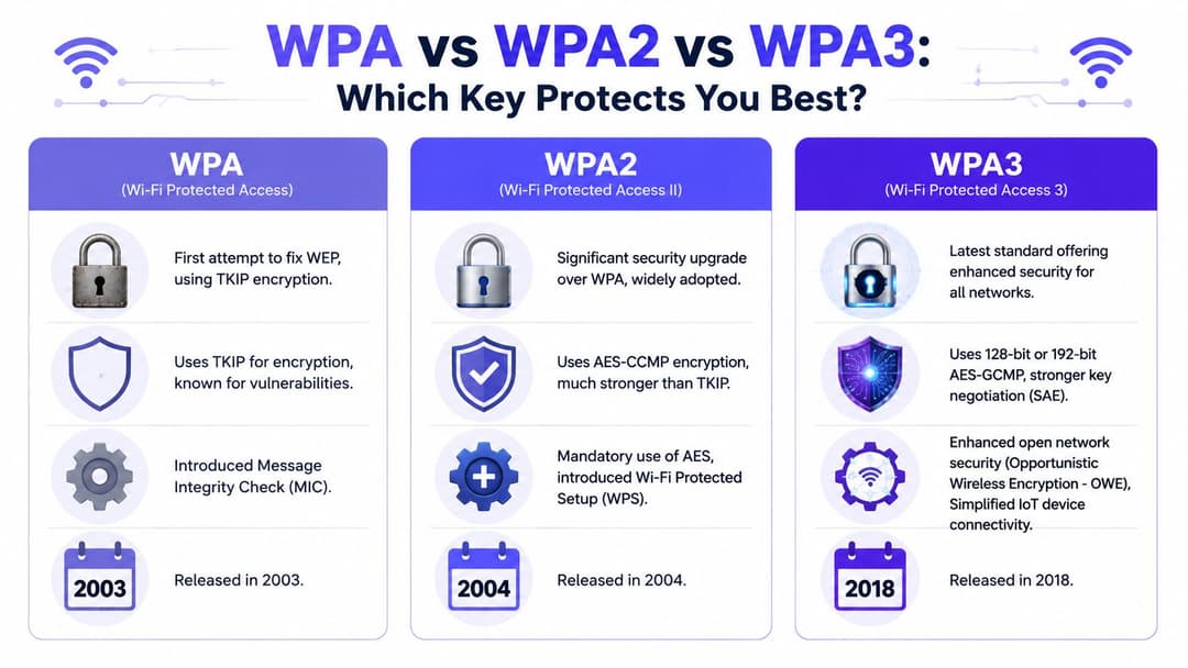 A comparison chart outlining the key differences and security improvements between WPA, WPA2, and WPA3 wireless standards.
