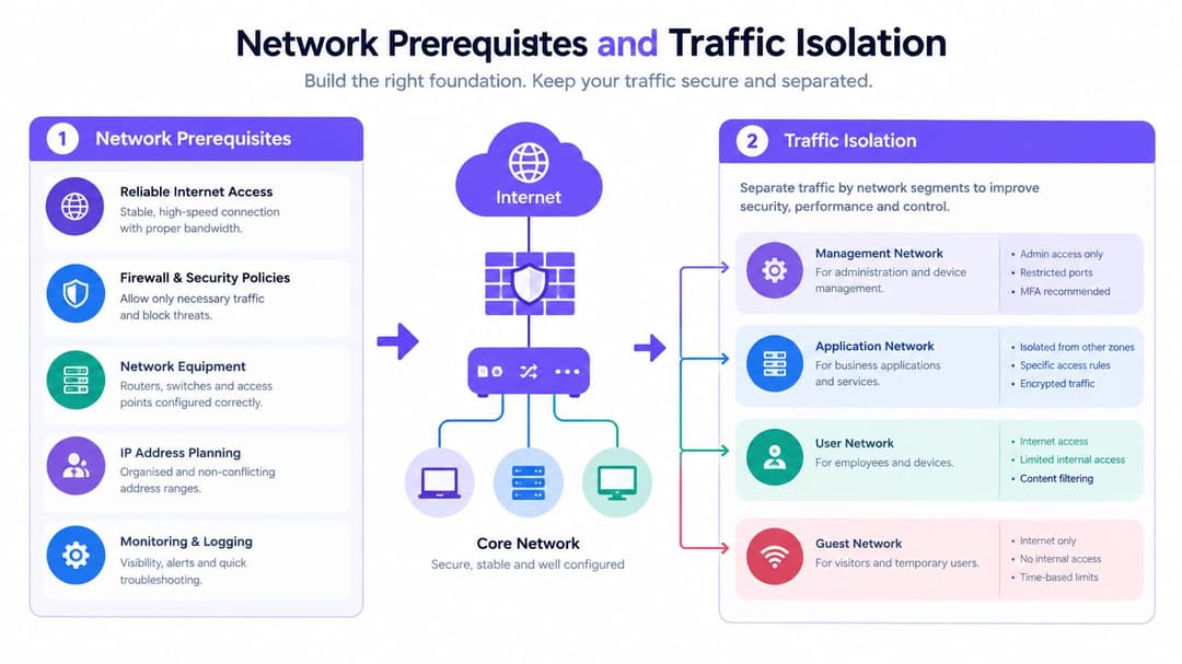 A diagram illustrating network prerequisites and traffic isolation strategies for a secure and well-configured core network.