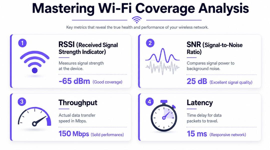 Une infographie intitulée Maîtriser l'analyse de la couverture WiFi affichant quatre indicateurs clés pour la performance du réseau sans fil.