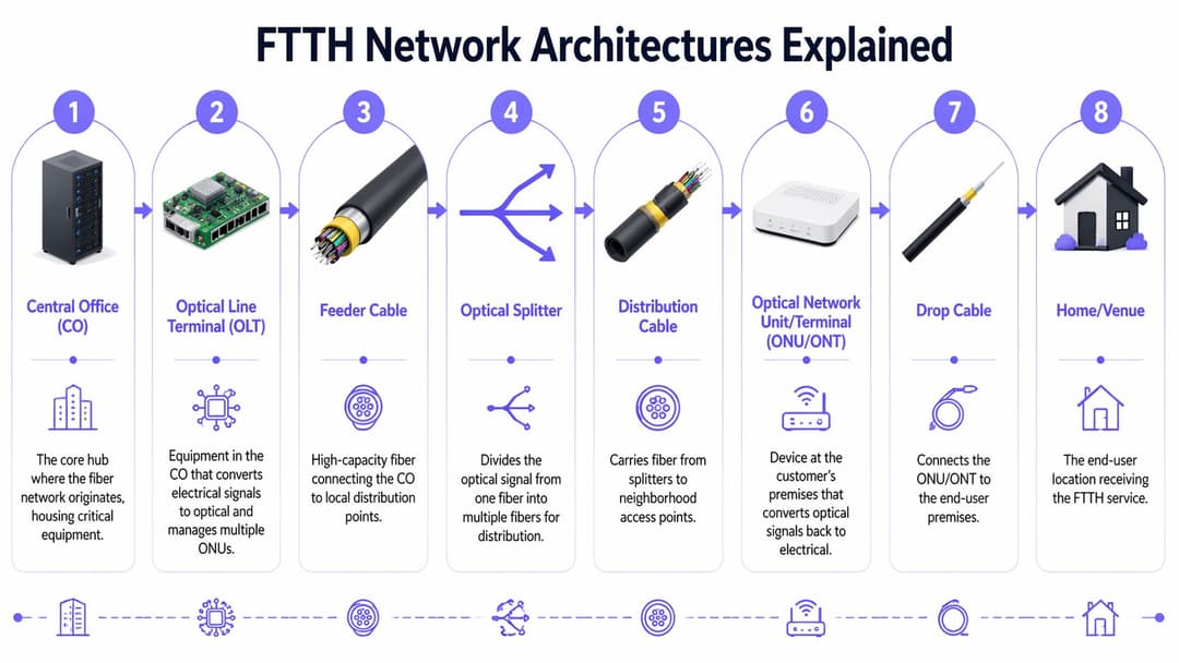 Ein Diagramm, das die acht Schritte der FTTH-Netzwerkarchitektur von der Vermittlungsstelle bis zum Haus veranschaulicht.