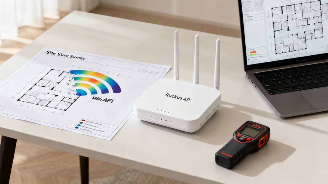 Um AP Ruckus, planta baixa com sinal WiFi, computador portátil e medidor de sinal numa secretária.