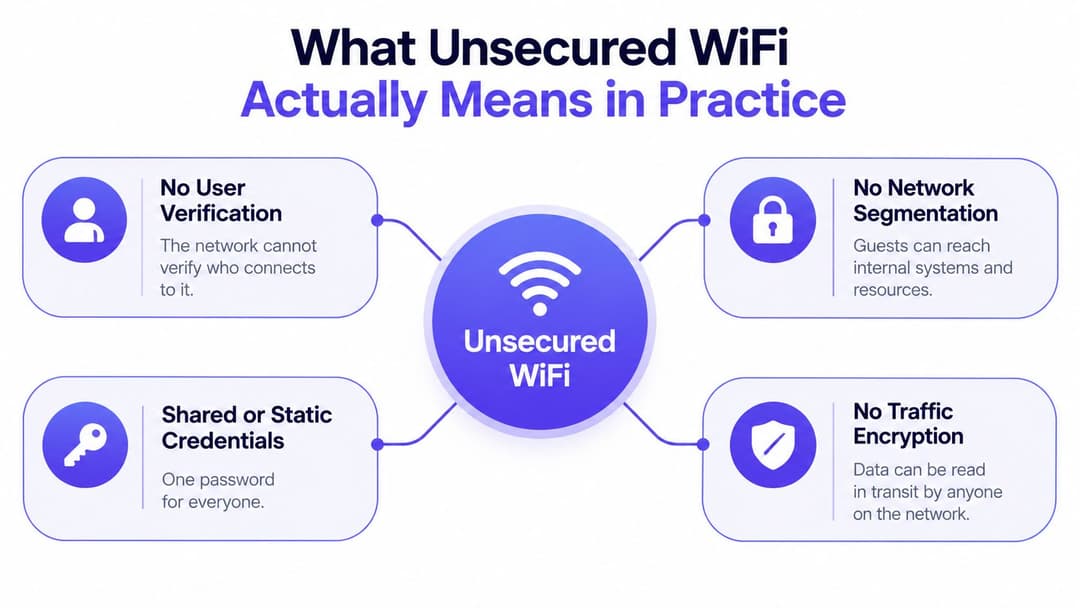 一张显示不安全WiFi网络四种常见风险的信息图,包括无验证、共享凭据、无细分以及无加密。
