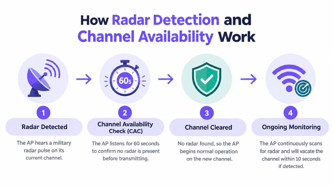 A diagram illustrating the four steps of radar detection and channel availability check for wireless access points.