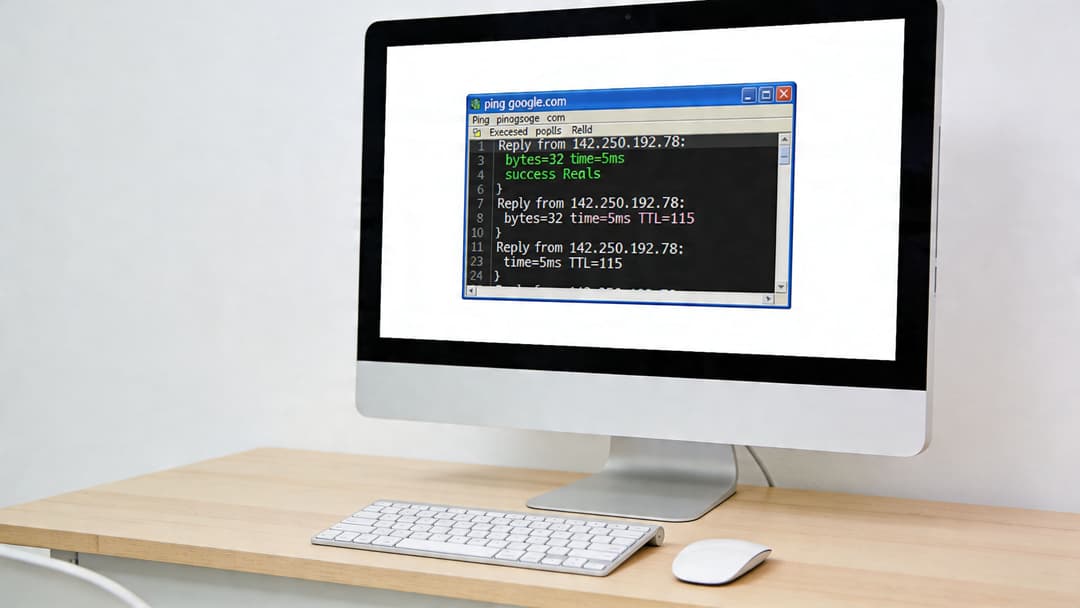Pantalla de un ordenador de sobremesa en un escritorio que muestra una ventana de símbolo del sistema con resultados exitosos de un ping de red.