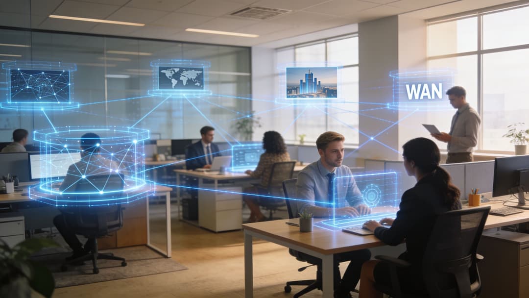 A modern office space where employees collaborate with digital network visualizations representing WAN as a service technology.