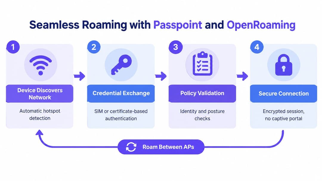 A diagram illustrating the four steps of seamless roaming using Passpoint and OpenRoaming technology for secure WiFi connectivity.