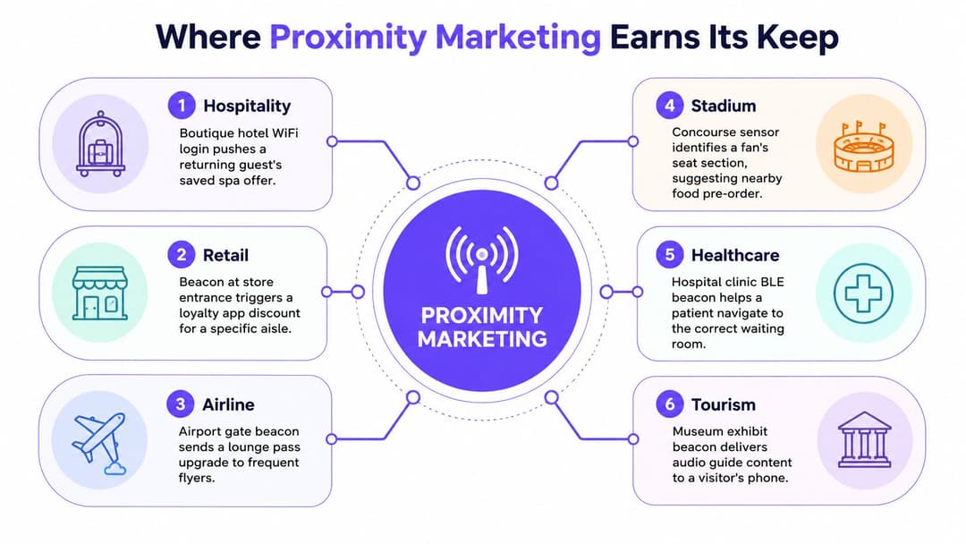 A diagram illustrating six industries, hospitality, retail, airline, stadium, healthcare, and tourism, that utilize proximity marketing technologies.