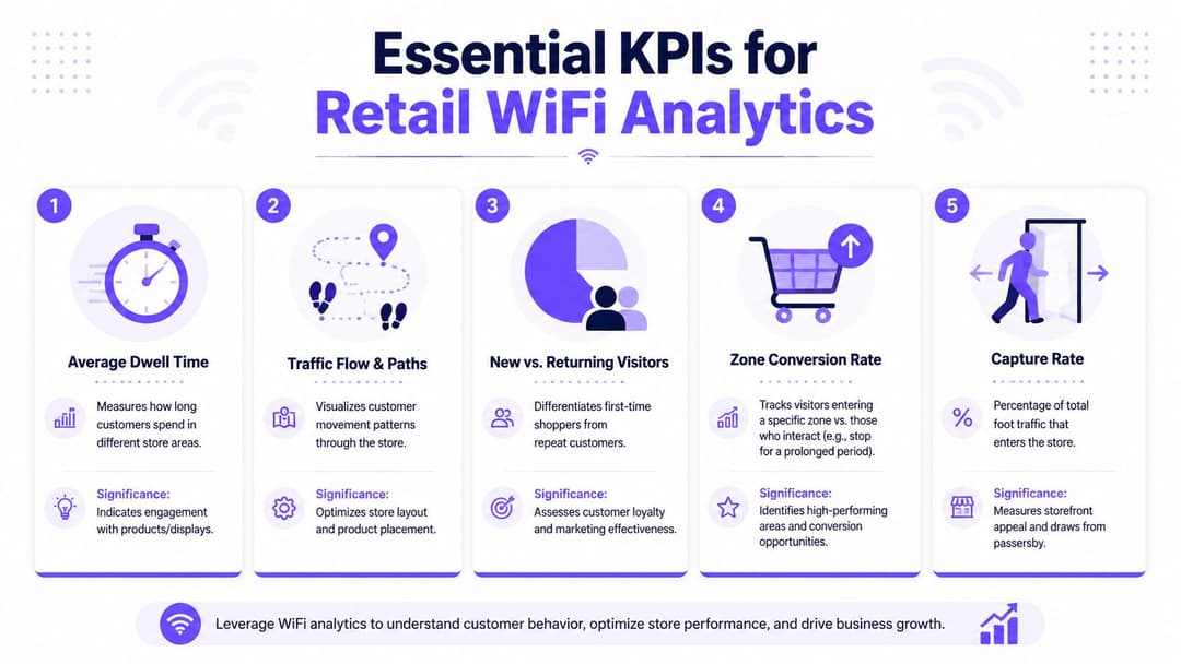 एक इन्फोग्राफिक जे पाच महत्त्वाचे रिटेल WiFi analytics KPIs दर्शवते, ज्यामध्ये ड्वेल टाइम, ट्रॅफिक फ्लो आणि कॅप्चर रेट समाविष्ट आहे.