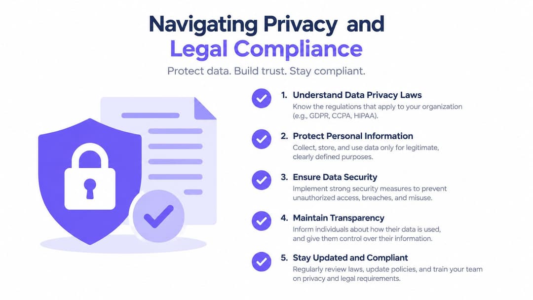 An infographic titled Navigating Privacy and Legal Compliance, listing five key steps for protecting data and maintaining legal standards.