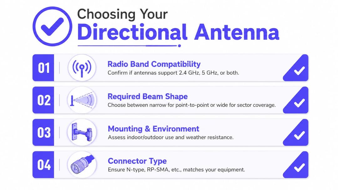 A helpful infographic guide outlining four essential factors for selecting the right directional antenna for your network.
